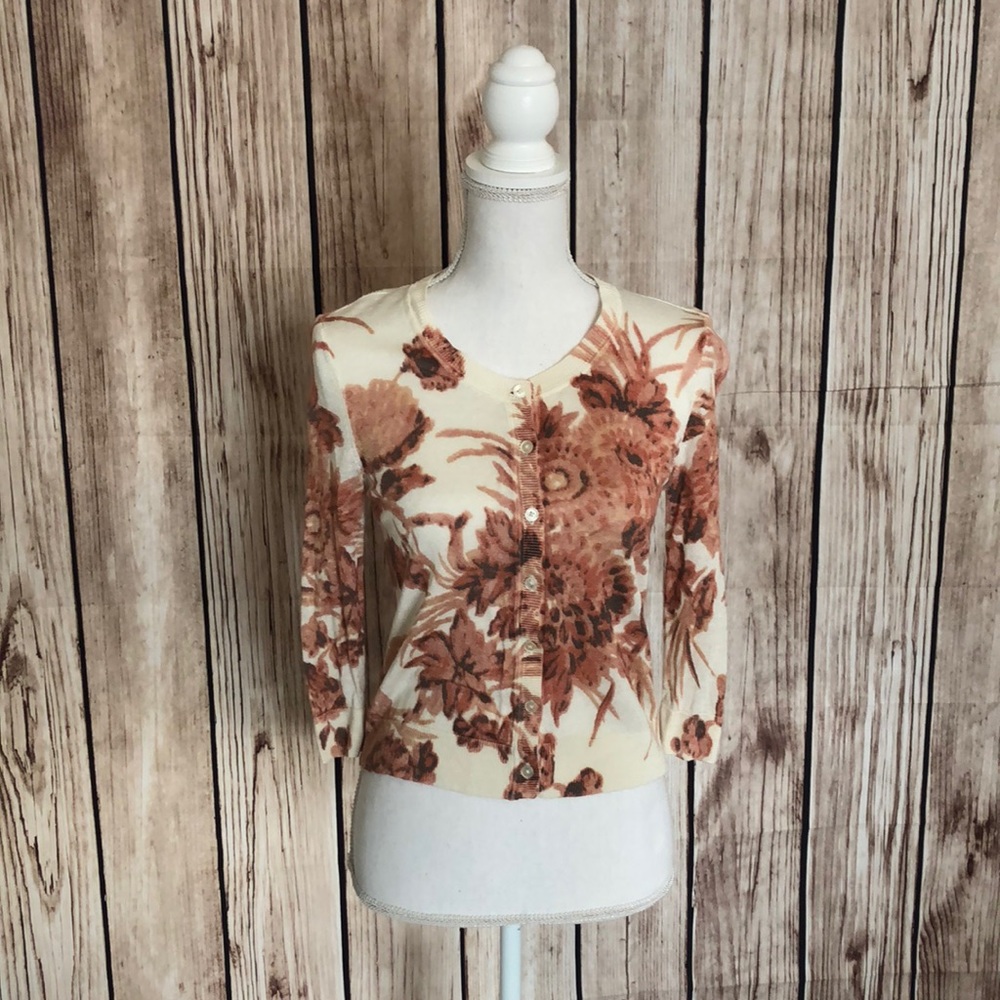 Talbots Soft White Autumn Floral Button Down Knit Cardigan Sweater Small